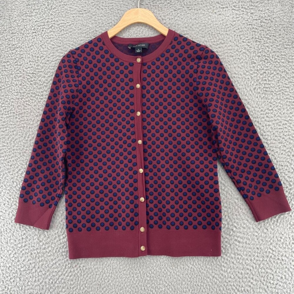 Ann Taylor Sweater Womens Small Burgundy Polka Dot Cardigan Button Up 3/4 Sleeve